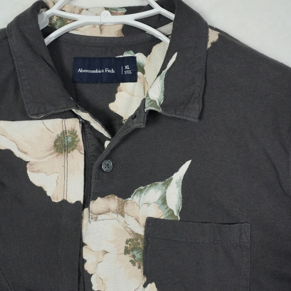 Abercrombie Fitch Mens Black Floral Print Short Sleeve Polo‎ Shirt Size XL
